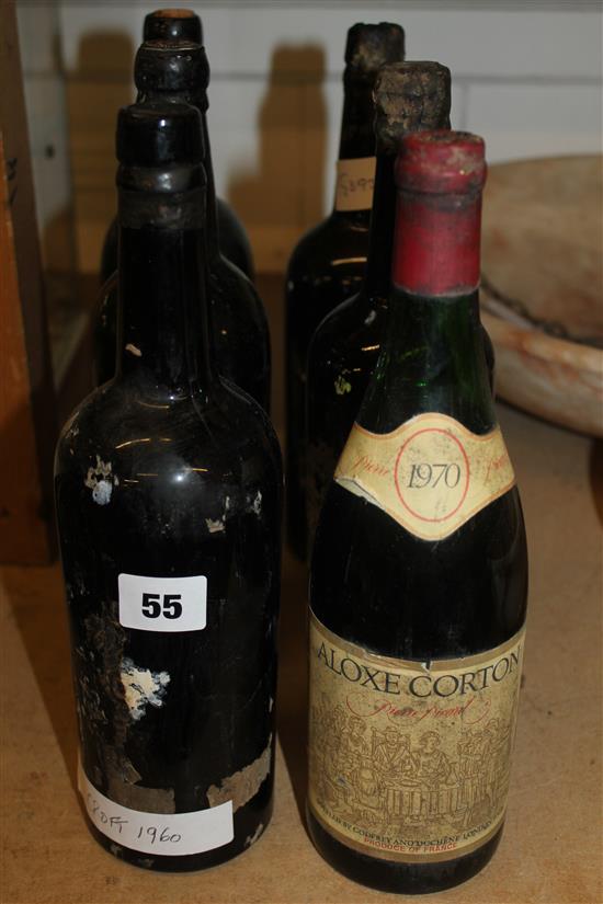 5 bottles of vintage port & bottle 1970 burgandy wine